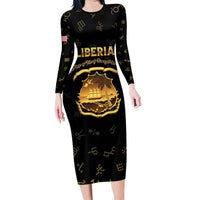Personalized Liberia Vai Syllabary Heritage Long Sleeve Bodycon Dress National Emblem Golden Style - Wonder Print Shop