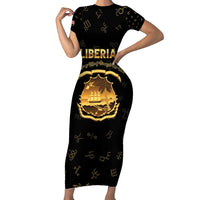 Personalized Liberia Vai Syllabary Heritage Short Sleeve Bodycon Dress National Emblem Golden Style - Wonder Print Shop