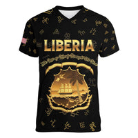 Personalized Liberia Vai Syllabary Heritage Women V-Neck T-Shirt National Emblem Golden Style - Wonder Print Shop