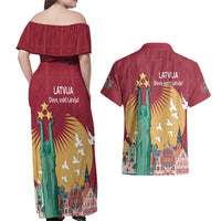 Latvia Independence Day Couples Matching Off Shoulder Maxi Dress and Hawaiian Shirt Latvija with Freedom Monument