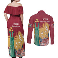 Latvia Independence Day Couples Matching Off Shoulder Maxi Dress and Long Sleeve Button Shirt Latvija with Freedom Monument