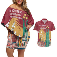 Latvia Independence Day Couples Matching Off Shoulder Short Dress and Hawaiian Shirt Latvija with Freedom Monument