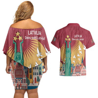 Latvia Independence Day Couples Matching Off Shoulder Short Dress and Hawaiian Shirt Latvija with Freedom Monument