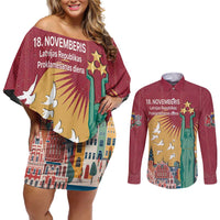 Latvia Independence Day Couples Matching Off Shoulder Short Dress and Long Sleeve Button Shirt Latvija with Freedom Monument