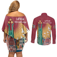 Latvia Independence Day Couples Matching Off Shoulder Short Dress and Long Sleeve Button Shirt Latvija with Freedom Monument