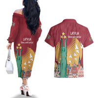 Latvia Independence Day Couples Matching Off The Shoulder Long Sleeve Dress and Hawaiian Shirt Latvija with Freedom Monument