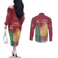 Latvia Independence Day Couples Matching Off The Shoulder Long Sleeve Dress and Long Sleeve Button Shirt Latvija with Freedom Monument