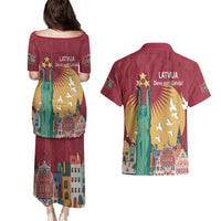Latvia Independence Day Couples Matching Puletasi and Hawaiian Shirt Latvija with Freedom Monument