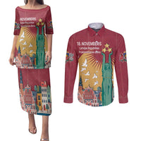 Latvia Independence Day Couples Matching Puletasi and Long Sleeve Button Shirt Latvija with Freedom Monument