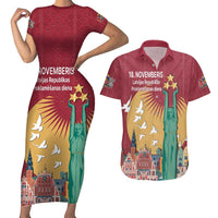 Latvia Independence Day Couples Matching Short Sleeve Bodycon Dress and Hawaiian Shirt Latvija with Freedom Monument