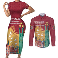 Latvia Independence Day Couples Matching Short Sleeve Bodycon Dress and Long Sleeve Button Shirt Latvija with Freedom Monument