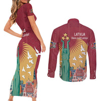 Latvia Independence Day Couples Matching Short Sleeve Bodycon Dress and Long Sleeve Button Shirt Latvija with Freedom Monument