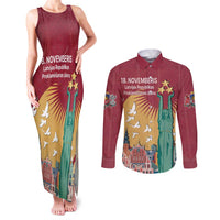 Latvia Independence Day Couples Matching Tank Maxi Dress and Long Sleeve Button Shirt Latvija with Freedom Monument
