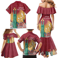 Latvia Independence Day Family Matching Mermaid Dress and Hawaiian Shirt Latvija with Freedom Monument