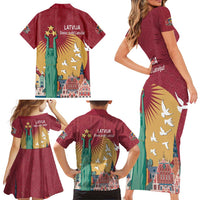 Latvia Independence Day Family Matching Short Sleeve Bodycon Dress and Hawaiian Shirt Latvija with Freedom Monument