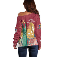 Latvia Independence Day Off Shoulder Sweater Latvija with Freedom Monument