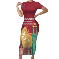Latvia Independence Day Short Sleeve Bodycon Dress Latvija with Freedom Monument