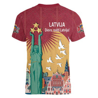 Latvia Independence Day Women V-Neck T-Shirt Latvija with Freedom Monument