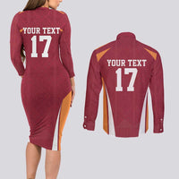 Latvia Football Custom Couples Matching Long Sleeve Bodycon Dress and Long Sleeve Button Shirt Red Latvian Pattern