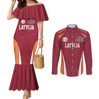 Latvia Football Custom Couples Matching Mermaid Dress and Long Sleeve Button Shirt Red Latvian Pattern