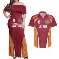 Latvia Football Custom Couples Matching Off Shoulder Maxi Dress and Hawaiian Shirt Red Latvian Pattern