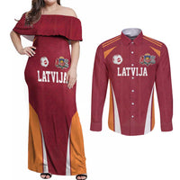Latvia Football Custom Couples Matching Off Shoulder Maxi Dress and Long Sleeve Button Shirt Red Latvian Pattern