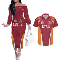 Latvia Football Custom Couples Matching Off The Shoulder Long Sleeve Dress and Hawaiian Shirt Red Latvian Pattern