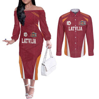 Latvia Football Custom Couples Matching Off The Shoulder Long Sleeve Dress and Long Sleeve Button Shirt Red Latvian Pattern