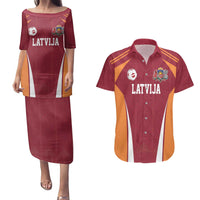 Latvia Football Custom Couples Matching Puletasi and Hawaiian Shirt Red Latvian Pattern