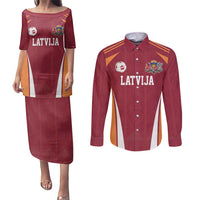 Latvia Football Custom Couples Matching Puletasi and Long Sleeve Button Shirt Red Latvian Pattern