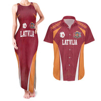 Latvia Football Custom Couples Matching Tank Maxi Dress and Hawaiian Shirt Red Latvian Pattern