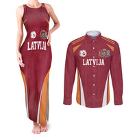 Latvia Football Custom Couples Matching Tank Maxi Dress and Long Sleeve Button Shirt Red Latvian Pattern