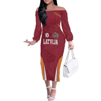 Latvia Football Custom Family Matching Off The Shoulder Long Sleeve Dress and Hawaiian Shirt Red Latvian Pattern