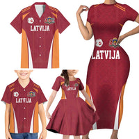 Latvia Football Custom Family Matching Short Sleeve Bodycon Dress and Hawaiian Shirt Red Latvian Pattern