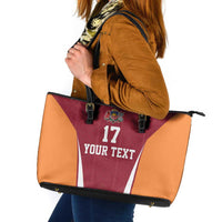 Latvia Football Custom Leather Tote Bag Red Latvian Pattern