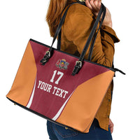 Latvia Football Custom Leather Tote Bag Red Latvian Pattern