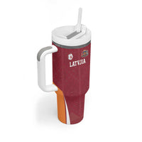 Latvia Football Custom Tumbler With Handle Red Latvian Pattern