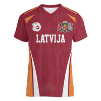 Latvia Football Custom Women V-Neck T-Shirt Red Latvian Pattern