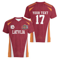 Latvia Football Custom Women V-Neck T-Shirt Red Latvian Pattern