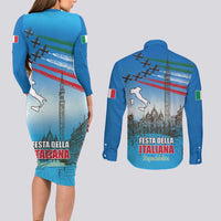 Italy Republic Day Couples Matching Long Sleeve Bodycon Dress and Long Sleeve Button Shirt Festa della Repubblica with Frecce Tricolori