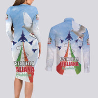 Italy Festa della Repubblica Couples Matching Long Sleeve Bodycon Dress and Long Sleeve Button Shirt Frecce Tricolori with Dove