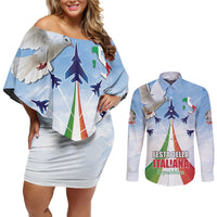 Italy Festa della Repubblica Couples Matching Off Shoulder Short Dress and Long Sleeve Button Shirt Frecce Tricolori with Dove