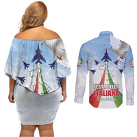 Italy Festa della Repubblica Couples Matching Off Shoulder Short Dress and Long Sleeve Button Shirt Frecce Tricolori with Dove