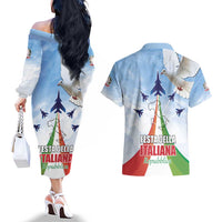 Italy Festa della Repubblica Couples Matching Off The Shoulder Long Sleeve Dress and Hawaiian Shirt Frecce Tricolori with Dove