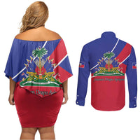 Haitian Flag Day 18 May Couples Matching Off Shoulder Short Dress and Long Sleeve Button Shirt Jounen Drapo Ayisyen