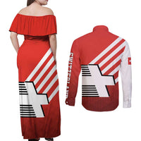 Switzerland Coat of Arms Couples Matching Off Shoulder Maxi Dress and Long Sleeve Button Shirt Swiss Greek cross