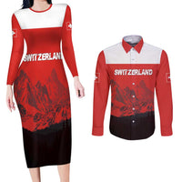Custom Switzerland Football Couples Matching Long Sleeve Bodycon Dress and Long Sleeve Button Shirt Swiss Alps