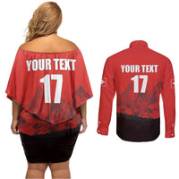 Custom Switzerland Football Couples Matching Off Shoulder Short Dress and Long Sleeve Button Shirt Swiss Alps