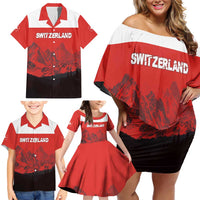 Custom Switzerland Football Family Matching Off Shoulder Short Dress and Hawaiian Shirt Swiss Alps