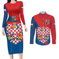 Personalized Coat of Arms of Moravia Couples Matching Long Sleeve Bodycon Dress and Long Sleeve Button Shirt Gold-crowned White Red Checkered Eagle